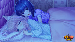 2girls animal_ear_fluff animal_ears bed black_hair blanket blush buttons cat_ears cat_girl floral_print flower_print fraise_(nekopara) game_cg green_eyes implied_yuri indoors minazuki_shigure multiple_girls nekopara nervous nightgown official_art open_mouth pajamas pillow pink_hair print_pajamas purple_eyes purple_pajamas sayori_(neko_works) slit_pupils smile under_covers wallpaper_(object) watermark wavy_hair