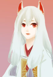 1other animal_ears bokujou_monogatari bokujou_monogatari:_mittsu_no_sato_no_taisetsuna_tomodachi double-parted_bangs expressionless fox_ears gradient_background hair_between_eyes highres inari_(bokujou_monogatari) japanese_clothes kimono long_hair looking_at_viewer low-tied_sidelocks miko pink_background red_eyes salad726 sidelocks simple_background solo thick_eyebrows upper_body white_hair white_kimono