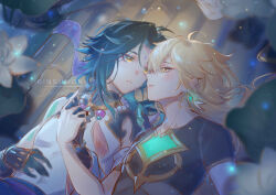 2boys absurdres aether_(genshin_impact) ahoge aqua_gloves aqua_hair arm_tattoo artist_name asymmetrical_gloves black_gloves black_hair black_shirt blonde_hair blush boat chinese_clothes detached_sleeves diamond-shaped_pupils diamond_(shape) earrings evee_(bingumon) eyeshadow facial_mark flower forehead_mark genshin_impact gloves gold_trim hair_between_eyes hand_on_own_stomach highres holding_hands jewelry lily_(flower) long_hair long_sleeves looking_at_another lying makeup male_focus mandarin_collar mismatched_gloves multicolored_hair multiple_boys necklace on_back on_boat open_mouth outdoors pearl_necklace red_eyeshadow river shirt short_sleeves shoulder_spikes single_bare_shoulder single_detached_sleeve single_earring sleeveless sleeveless_shirt smile spikes symbol-shaped_pupils tassel tattoo teeth two-tone_hair watercraft watermark white_flower white_shirt wide_sleeves xiao_(genshin_impact) yaoi