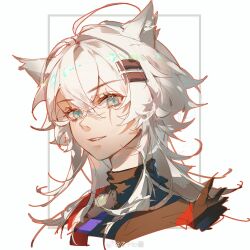 1girl animal_ears aqua_eyes arknights black_jacket black_shirt chinese_commentary commentary_request cropped_torso crossed_bangs fang fang_out hair_between_eyes hair_ornament hairclip happy highres jacket lappland_(arknights) long_hair messy_hair outline parted_lips red_outline scar scar_across_eye scar_on_face shirt smile solo teeth turtleneck turtleneck_shirt white_background white_hair wolf_ears z-ho