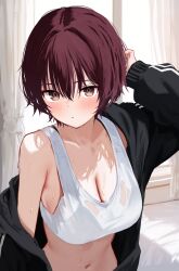 1girl black_jacket blush breasts brown_eyes brown_hair cleavage closed_mouth commentary_request hair_between_eyes highres jacket large_breasts long_hair long_sleeves looking_at_viewer memekko navel open_clothes open_jacket original see-through_clothes see-through_shirt shirt short_hair solo sweat upper_body