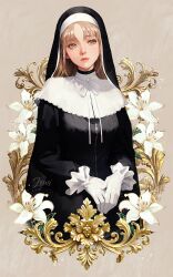 1girl black_dress black_veil blonde_hair blush brown_eyes closed_mouth collar dress gloves highres jomidraws lipstick long_hair looking_at_viewer makeup nijisanji nun own_hands_together parted_bangs sidelocks sister_claire sister_claire_(1st_costume) solo veil virtual_youtuber white_collar white_gloves yellow_eyes