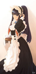 1girl absurdres alternate_costume apron ascot black_dress black_hair blue_eyes blue_gemstone blunt_bangs blush bow breasts brooch brown_background closed_mouth commentary cup dress english_commentary feet_out_of_frame from_side gem hand_in_own_hair high_ponytail highres hololive hololive_english jewelry long_dress long_hair looking_at_viewer maid_apron multicolored_hair ninomae_ina&#039;nis orange_hair ponytail pun saucer shadow shio05_(05_sio) sidelocks simple_background small_breasts smile solo standing straight_hair table teacup tentacle_hair towel two-tone_hair virtual_youtuber white_ascot white_background white_bow wing_collar