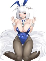 Rule 34 | 1girl, absurdres, alternate costume, animal ear hairband, animal ears, azur lane, bare shoulders, between breasts, black pantyhose, blue eyes, blue leotard, blue nails, blush, bottle, bottle between breasts, breasts, collar, collarbone, covered navel, ears down, fake animal ears, fox ears, fox girl, fox tail, hairband, hands up, highres, kaga (azur lane), kawanishimaki, large breasts, leotard, looking at viewer, one eye closed, pantyhose, parted lips, playboy bunny, rabbit ear hairband, rabbit ears, sexually suggestive, short hair, simple background, solo, tail, thigh gap, variant set, white background, white collar, white hair, white wrist cuffs, wrist cuffs