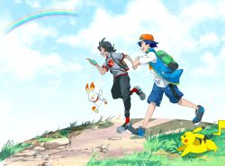 Rule 34 | 2boys, ash ketchum, bag, baseball cap, black hair, blue jacket, cloud, dark skin, full body, gen 1 pokemon, gen 4 pokemon, gen 8 pokemon, goh (pokemon), grass, grey shirt, hat, jacket, multiple boys, nintendo, pants, pikachu, pokemon, pokemon (anime), pokemon (creature), pokemon journeys, rainbow, red headwear, rotom, rotom phone, running, scorbunny, shirt, short hair, short pants, short sleeves, sky, white shirt