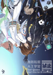 Rule 34 | 2girls, absurdres, agnes tachyon (umamusume), ahoge, artist name, bag, belt, black belt, black choker, black gloves, black hair, black pantyhose, black shirt, brown hair, brown sweater, chemical structure, choker, coat, coffee grinder, collared shirt, cork, ear tag, earrings, face-to-face, gloves, graffiti, grey hair, hair over one eye, hand up, highres, jewelry, kagurax2, lab coat, long bangs, long hair, long sleeves, looking at another, manhattan cafe (umamusume), medium hair, multicolored hair, multiple girls, necktie, open mouth, pantyhose, paper bag, pedestrian lights, red eyes, road sign, shirt, sign, signature, single earring, sleeves past fingers, sleeves past wrists, smile, sweater, teeth, test tube, umamusume, upper teeth only, upside-down, very long hair, watermark, white coat, yellow eyes, yellow necktie