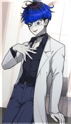 1boy alternate_costume belt black_hair black_shirt blue_eyes blue_hair blue_pants bridge_piercing collar collarbone ear_piercing eyepatch face_piercing fingerless_gloves gloves hand_up lab_coat lip_piercing long_sleeves looking_at_viewer male_focus messy_hair multicolored_hair omokage_yugamu one_eye_covered open_mouth pants piercing scar scar_on_chest shirt solo solo_focus teeth the_hundred_line_-last_defense_academy- upper_teeth_only