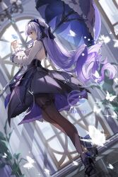 black_shoes black_thighhighs breasts bug butterfly dress frilled_dress frills from_below from_side headdress high_heels highres holding holding_umbrella indoors insect libero_art light_particles long_hair long_sleeves messy_hair photorealistic purple_hair realistic red_eyes shoes sideboob spotlight thighhighs umbrella vivian_banshee watermark zenless_zone_zero