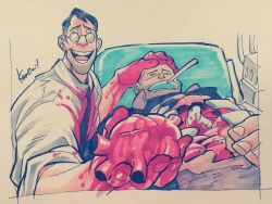 2boys archimedes_(tf2) bad_id bad_pixiv_id bird blood doctor dove glasses heart_(organ) heavy_(tf2) holding_heart_(organ) kotteri male_focus medic_(tf2) medical meet_the_team multiple_boys open_mouth signature surgery team_fortress_2