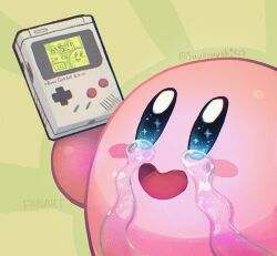 blue_eyes blush_stickers crying game_boy game_boy_(original) green_background handheld_game_console holding holding_handheld_game_console kirby kirby_(series) nintendo no_humans open_mouth smile solo suyasuyabi tears twitter_username