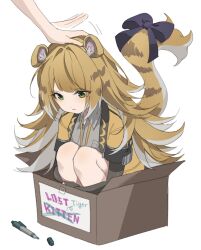 1girl 1other :&lt; animal_ears animal_print blonde_hair box cardboard_box closed_mouth crossed_out from_side green_eyes headpat highres hssfaxee hugging_own_legs in_box in_container jacket ju_fufu long_hair looking_down marker motion_lines ribbon sign simple_background sitting solo_focus tail tail_ornament tail_raised tail_ribbon tape tiger_ears tiger_girl tiger_stripes tiger_tail white_background yellow_jacket zenless_zone_zero