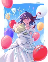 Rule 34 | 1girl, alternate breast size, balloon, bouquet, breasts, cleavage, commentary request, dated, dress, elbow gloves, fate/stay night, fate (series), flower, gloves, hair ribbon, happy birthday, highres, holding, holding bouquet, hwanm fate, long dress, matou sakura, puffy short sleeves, puffy sleeves, purple eyes, purple hair, ribbon, short sleeves, small breasts, smile, solo, white dress, white gloves