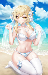 1girl absurdres beach bikini blonde_hair blue_sky breasts choker cleavage closed_mouth cloud collarbone commentary flower genshin_impact hair_flower hair_ornament hands_up hibiwa highres kneeling large_breasts looking_at_viewer lumine_(genshin_impact) navel no_shoes ocean sand see-through_clothes seiza short_hair_with_long_locks sitting skindentation sky smile solo stomach swimsuit thighhighs thighs veil water wet white_bikini white_choker white_flower white_thighhighs white_veil wrist_flower yellow_eyes