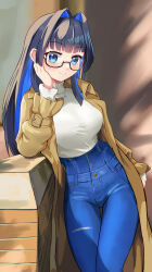 1girl absurdres against_fence black_hair blue_eyes blue_hair blue_pants blue_shorts blunt_bangs blunt_sidelocks blush breasts brown_coat closed_mouth coat colored_inner_hair commentary_request contrapposto denim ear_piercing feet_out_of_frame fence glasses hair_intakes hair_rings hand_on_own_chest high-waist_pants highres hololive hololive_english isazawa jeans large_breasts long_hair long_sleeves looking_at_viewer multicolored_hair official_alternate_costume official_alternate_hair_length official_alternate_hairstyle ouro_kronii ouro_kronii_(casual) outdoors pants piercing shorts sidelocks smile solo trench_coat turtleneck virtual_youtuber