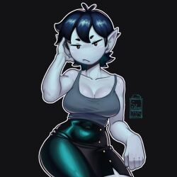 adventure_time bare_arms breasts cleavage collarbone highres marceline_abadeer pale_skin short_hair silverlyon2 sitting skirt spaghetti_strap tight_clothes