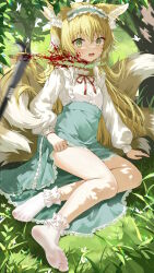1girl animal_ears arknights bad_id bad_pixiv_id blonde_hair blood blurry blush bow bowtie clothes_lift crying crying_with_eyes_open decapitation depth_of_field devil_heavens feet forest fox_ears fox_girl fox_tail grass green_eyes guro hair_between_eyes hairband highres kitsune kyuubi legs lifting_own_clothes lolita_hairband long_hair long_sleeves looking_at_viewer motion_blur multicolored_hair multiple_tails nature no_shoes official_alternate_costume outdoors parted_lips red_bow red_bowtie shirt sidelocks sitting skirt skirt_lift socks soles solo surprised suzuran_(arknights) suzuran_(spring_praise)_(arknights) tail tears toes tree two-tone_hair white_shirt white_socks