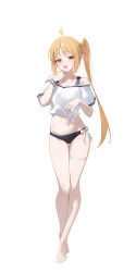 Rule 34 | 1girl, absurdres, ahoge, alternate costume, bare legs, barefoot, bikini, black bikini, blonde hair, blush, bocchi the rock!, braid, highres, ijichi nijika, long hair, looking at viewer, open mouth, red eyes, shirt, short sleeves, side ponytail, sidelocks, solo, sukaliya, swimsuit, t-shirt, tied shirt, white shirt