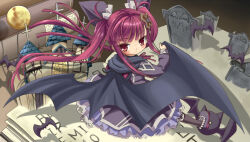 1girl alucard_lore book demon_wings dress emil_chronicle_online frilled_skirt frills hair_ornament hairclip long_hair looking_back on_book purple_dress purple_eyes purple_hair skirt tokino_ame twintails vampire wings