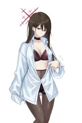 1girl absurdres alternate_costume black_choker blue_archive bra brown_hair choker closed_mouth covered_navel ear_piercing embroidered_bra embroidered_panties geodaemulgogi hair_behind_ear hair_between_eyes highres long_hair long_shirt looking_at_viewer misaki_(blue_archive) no_pants open_clothes open_shirt panties panties_under_pantyhose pantyhose piercing purple_bra purple_panties red_eyes sidelocks single_sleeve_past_fingers smile solo underwear