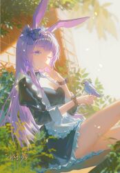 1girl apron bingyuqin bird bird_on_hand black_choker black_dress blue_bow bow breasts choker cleavage closed_mouth dress finger_to_mouth hair_bow hairband highres looking_at_viewer maid maid_apron maid_headdress medium_breasts purple_eyes purple_hair reisen_udongein_inaba sitting smile solo touhou white_apron white_hairband