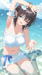 1girl ;d aoi_erika aqua_eyes arm_garter armpits bikini blue_sky breasts brown_hair cloud commentary_request day earrings hair_ornament heaven_burns_red highres jewelry kani_biimu looking_at_viewer medium_breasts navel ocean one_eye_closed open_mouth outdoors partially_submerged sandals short_hair sky smile solo swimsuit thigh_strap toes white_bikini