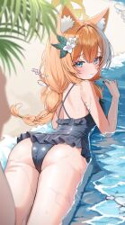 Rule 34 | 1girl, absurdres, animal ear fluff, animal ears, ass, beach, black one-piece swimsuit, blue archive, blue eyes, blush, casual one-piece swimsuit, cat ears, cat girl, closed mouth, flower, frilled one-piece swimsuit, frills, from behind, hair flower, hair intakes, hair ornament, halo, highres, long hair, looking at viewer, lying, mari (blue archive), mari (swimsuit) (blue archive), official alternate costume, official alternate hairstyle, on ground, on stomach, one-piece swimsuit, orange hair, smile, solo, suisen (suisenhwa), swimsuit, thighs, wet, yellow halo