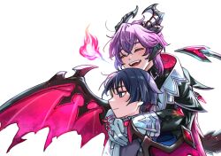 Rule 34 | 2boys, arms on another&#039;s shoulder, behind another, black coat, black hair, black horns, black sleeves, blue cape, blunt ends, blush, breath weapon, breathing fire, cape, carrying, closed eyes, closed mouth, coat, collar, colored eyelashes, crossed bangs, crystal, dragon horns, dragon wings, eyeliner, eyeshadow, facing to the side, fire, gem, genshin impact, gloves, hair between eyes, happy, highres, horns, long sleeves, looking to the side, makeup, male focus, mini durin (genshin impact), mini durin (human) (genshin impact), multiple boys, open mouth, own hands together, piggyback, pink wings, purple eyes, purple hair, red collar, red eyeliner, red eyeshadow, red gemstone, scaramouche (genshin impact), sideways mouth, smile, spiked horns, spiked wings, teeth, tongue, two-sided collar, two-sided horns, upper teeth only, usa chins, wanderer (genshin impact), white background, white collar, white gloves, wing hug, wings