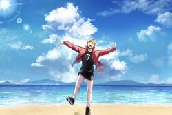 1boy absurdres beach black_hair black_shoes black_shorts blonde_hair closed_eyes cloud cloudy_sky collared_jacket commentary_request crew_neck cumulonimbus_cloud full_body haikyuu!! highres jacket light_particles male_focus miya_atsumu mountainous_horizon multicolored_hair ocean open_clothes open_jacket open_mouth outstretched_arms parted_bangs popped_collar red_jacket sand shirt shoelaces shoes shorts sky socks solo standing sun two-tone_hair water watermark white_socks zero_shir0