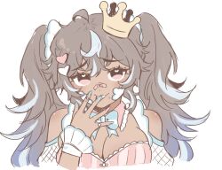 1girl ahoge bandaid bandaid_on_face bandaid_on_nose blue_nails breasts brown_hair cleavage commentary crown dark-skinned_female dark_skin english_commentary grey_hair hair_ornament heart heart_hair_ornament heart_in_eye large_breasts licking_own_finger mini_crown multicolored_hair original pink_eyes pink_nails portrait raised_inner_eyebrows saccharhythm solo streaked_hair symbol_in_eye tilted_headwear twintails two-tone_hair wrist_cuffs
