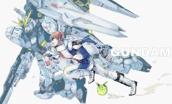 1boy amuro_ray beam_rifle brown_hair char&#039;s_counterattack clenched_hand energy_gun fin_funnels green_eyes grey_eyes gun gundam haro helmet highres holding holding_gun holding_helmet holding_weapon kare_(0621utak) male_focus mecha mecha_pilot_suit normal_suit_(gundam) nu_gundam robot running science_fiction shield thrusters unworn_headwear unworn_helmet v-fin weapon