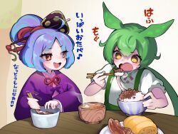 2girls :3 ahoge animal_ears blue_hair bowl chopsticks commentary_request eating food food_request green_hair hair_ornament hair_stick holding holding_chopsticks holding_spoon imminent_bite japanese_clothes jitome kimono long_hair long_sleeves low_ponytail marutsubo motion_blur multicolored_hair multiple_girls nattou omelet ooedo_chanko open_mouth plate ponytail purple_eyes red_eyes rice sausage short_sleeves smile soup spoon steam stirring suspenders sweat tamagoyaki translation_request utau voicevox yellow_eyes zundamon