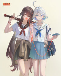 2girls absurdres ahoge aji_11300913 alternate_costume artist_name bag bag_charm baseball_bat bead_bracelet beads black_nails black_skirt blowing_bubble_gum blue_eyes blue_hair blue_nails blue_neckerchief blue_skirt boo_tao_(genshin_impact) bracelet brown_hair brown_sweater cellphone character_name charm_(object) chewing_gum clothes_around_waist colored_inner_hair commentary_request cowlick dancing_toothless_(meme) earphones feet_out_of_frame flower-shaped_pupils flower_hairpin furina_(genshin_impact) genshin_impact gradient_hair hair_between_eyes hand_on_another&#039;s_waist heterochromia highres holding holding_baseball_bat holding_phone hu_tao_(genshin_impact) jewelry long_hair looking_at_viewer meme multicolored_hair multiple_girls nail_(hardware) nail_bat neckerchief open_mouth phone red_hair red_neckerchief sailor_collar school_bag shared_earphones shirt short_hair short_sleeves simple_background skirt smartphone sweater sweater_around_waist symbol-shaped_pupils very_long_hair white_hair white_shirt