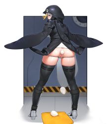1girl absurdres anal_tail animal_costume animal_hood ass beeeeen black_border black_thighhighs blonde_hair blurry blurry_background border butt_plug censored chinese_commentary cleft_of_venus clothes_lift commentary cushion dress dress_lift egg egg_laying empress_(last_origin) fake_tail from_behind full_body grey_footwear grey_hair hazard_stripes high_heels highres hood hood_up last_origin legs_apart looking_at_viewer looking_back mosaic_censoring motion_blur multicolored_hair outside_border panties panty_pull penguin_costume penguin_hood profile pussy pussy_juice rabbit_tail shin_guards skindentation standing streaked_hair tail thighhighs tile_floor tiles underwear white_panties
