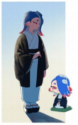 1girl absurdres artist_name asymmetrical_bangs black_footwear black_haori blue_hair cephalopod_eyes chibi chibi_inset closed_mouth colored_extremities commentary_request earrings gradient_hair hair_over_one_eye haori highres horizontal_pupils japanese_clothes jewelry jounetsu_(jonetunoaoitako) kimono long_sleeves medium_hair multicolored_hair multiple_earrings nintendo obi octoling okobo one_eye_covered pink_pupils platform_sandals red_eyes red_hair sandals sash shiver_(splatoon) splatoon_(series) splatoon_3 tabi tentacle_hair tooth_earrings two-tone_hair watermark white_kimono wide_sleeves