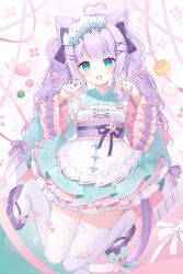 1girl animal_ear_fluff animal_ears black_bow blue_eyes blush bow braid breasts cat_ears dress hair_bow hair_ornament highres kooriais long_hair looking_at_viewer open_mouth original purple_hair short_dress smile solo tail thighhighs white_thighhighs