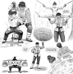 Rule 34 | 1boy, 1girl, abs, back, basket, bathtub, bdsm, bondage, boulder, bound, breasts, bulge, cleavage, cup, english text, exercising, flick-the-thief, greyscale, height difference, highres, holding, holding teapot, large breasts, leaf, monk, monochrome, muscular, muscular female, muscular male, orc, original, pointy ears, pouring, rock, short hair, size difference, smile, smoke, teacup, teapot, topknot, torn clothes, torn sleeves, tusks, undressing, weightlifting