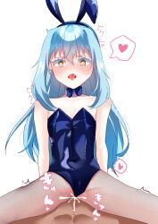 1boy 1girl absurdres animal_ears bare_shoulders blue_hair blush bow bowtie chocoeiru clothed_female_nude_male clothing_aside cowgirl_position cum cum_in_pussy ejaculation fake_animal_ears girl_on_top heart heart-shaped_pupils hetero highres leotard leotard_aside long_hair looking_at_viewer nude open_mouth pantyhose playboy_bunny rabbit_ears rimuru_tempest sex spread_legs straddling symbol-shaped_pupils tensei_shitara_slime_datta_ken tongue tongue_out trembling vaginal white_background yellow_eyes