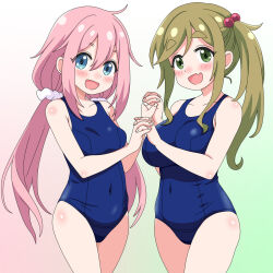 2girls bare_arms bare_legs bare_shoulders blonde_hair blue_buruma blue_eyes blush breasts buruma bushy_eyebrows collarbone dot_nose fang feet_out_of_frame female_focus hair_between_eyes hair_bobbles hair_ornament highres holding holding_hands inuyama_aoi kagamihara_nadeshiko legs long_hair looking_at_viewer medium_breasts multiple_girls one-piece_swimsuit open_mouth pink_hair sakuzo skin_fang small_breasts standing swimsuit thick_eyebrows thick_thighs thighs very_long_hair yurucamp