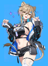 1girl :3 absurdres ahoge animal_ears bare_shoulders black_choker black_jacket black_shirt black_shorts blonde_hair breasts brown_eyes choker cleavage colored_inner_hair cowboy_shot crop_top hands_up hazumi_aileen highleg highres indie_virtual_youtuber jacket jewelry large_breasts lion_ears lion_girl lion_tail long_sleeves looking_at_viewer medium_hair midriff mole mole_on_breast multicolored_hair nail_polish navel necklace off_shoulder open_clothes open_jacket open_mouth panty_straps shirt short_shorts shorts sideless_shirt skindentation sleeveless sleeveless_shirt smile solo standing stomach tail temu_(tem27) thigh_strap thighs virtual_youtuber