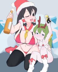 2girls :d ascot ascot_between_breasts bikini black_eyes black_hair black_thighhighs blue_eyes blush bow breasts catistennsi1 christmas closed_mouth commentary_request cookie_(touhou) daiyousei diyusi_(cookie) empty_eyes fake_antlers flat_chest full_body fur-trimmed_headwear fur_trim gift green_hair hair_bow hakurei_reimu hat highres large_breasts long_hair looking_at_viewer multiple_girls noel_(cookie) nose_blush one_eye_closed open_mouth pom_pom_(clothes) red_bikini red_bow red_footwear red_hat santa_hat shoes smile socks strong_zero swimsuit thighhighs touhou unusually_open_eyes white_bikini white_socks yellow_ascot yellow_bow