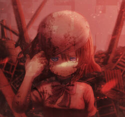 Rule 34 | 1girl, adjusting clothes, adjusting headwear, arm up, beret, blue eyes, bow, bowtie, closed mouth, dress, glitch, hat, highres, higurashi no naku koro ni, higurashi no naku koro ni gou, looking at viewer, monochrome, niziato, red theme, ryuuguu rena, short hair, solo, spot color, upper body