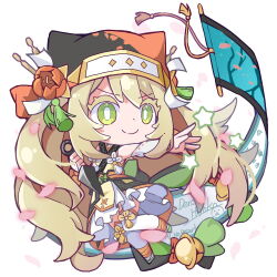 1girl banner blonde_hair bright_pupils celine_(fire_emblem) celine_(ninja)_(fire_emblem) chibi chibi_only closed_mouth colored_eyelashes commentary_request falling_petals fire_emblem fire_emblem_engage fire_emblem_heroes full_body green_eyes kunai long_hair ninja nintendo official_alternate_costume petals ryoto_soukyuu smile solo star_(symbol) weapon white_background white_pupils