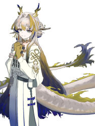 1girl arknights beads belt blonde_hair closed_mouth colored_extremities commentary dragon_girl dragon_horns dragon_tail feet_out_of_frame green_eyes grey_hair hair_between_eyes hair_intakes hands_on_own_chest highres horns jacket jewelry long_hair long_sleeves looking_at_viewer multicolored_hair necklace own_hands_together pants pointy_ears purple_hair shu_(arknights) simple_background smile solo standing strapless tail tube_top umimi_beni_(beru_2525) very_long_hair white_background white_belt white_jacket white_pants white_tube_top