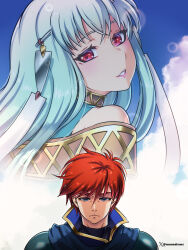 1boy 1girl blue_eyes depressed eliwood_(fire_emblem) etchimune fire_emblem fire_emblem:_the_blazing_blade hair_ornament ninian_(fire_emblem) nintendo pink_lips red_eyes red_hair tassel tassel_hair_ornament upper_body white_hair
