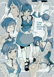 1girl absurdres backpack bag blue_theme breasts closed_eyes closed_mouth collared_shirt commentary_request constricted_pupils copyright_name cursor frilled_shirt frilled_sleeves frills fukurai_azami full_body glasses highres holding holding_removed_eyewear hourglass hugging_own_legs knees_up long_sleeves looking_at_viewer medium_breasts monochrome multiple_expressions multiple_views open_mouth pantyhose profile scared shirt shoes short_hair sitting skirt smile standing sweatdrop toshi_densetsu_kaitai_center unworn_eyewear wide-eyed yoshi_(ys033718)