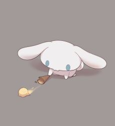 :3 animal animal_focus blue_eyes cinnamoroll curled_tail dog food fuwa_fuwa_cinnamoroll grey_background highres ice_cream ice_cream_cone no_humans reimentyuru sanrio simple_background solo white_dog white_fur
