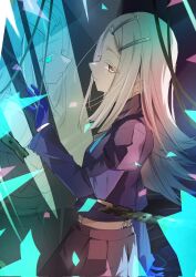 1girl blonde_hair blue_gloves blue_jacket broken broken_chain chain closed_mouth colored_eyelashes earrings flipped_hair from_side gakuen_idolmaster gaohuang43450 gloves grey_skirt hair_ornament hairclip hand_up highres idolmaster jacket jewelry long_sleeves looking_at_viewer midriff_peek orange_eyes pleated_skirt reflection shinosawa_hiro skirt solo