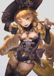 1girl bare_shoulders black_dress black_hat blonde_hair blue_eyes blush boots breasts detached_collar detached_sleeves dress drill_hair drill_sidelocks flower genshin_impact hat hat_feather hat_flower highres jewelry konoike_(pepe_expect) long_hair looking_at_viewer medium_breasts navia_(genshin_impact) necklace one_eye_closed open_mouth sidelocks skirt smile solo thigh_boots thighlet thighs yellow_skirt