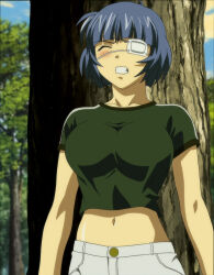 00s 1girl absurdres blue_hair breasts closed_eyes eyepatch highres ikkitousen ikkitousen_great_guardians large_breasts midriff navel ryomou_shimei solo stitched teeth third-party_edit