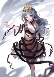 1girl ailu_elf black_ribbon brown_skirt chirizuka_ubame clenched_hand crown grey_hair highres long_hair looking_at_viewer purple_eyes ribbon skirt smile solo touhou white_background